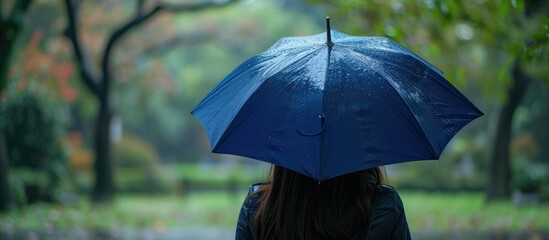 A woman facing away from the camera gazes at a park while holding a blue umbrella in the rain.