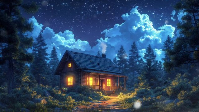 Fantasy Traditional house in forest and night sky animation background