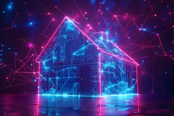 House with futuristic network connection technology big data. Blue neon background.