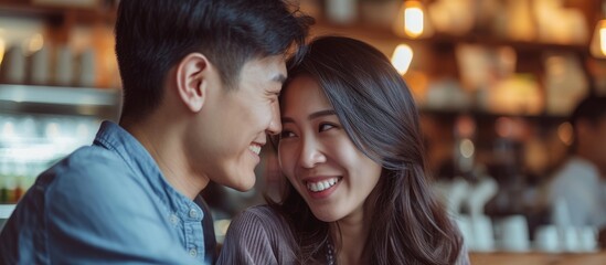 Fototapeta premium A young Asian man and woman are seated next to each other in a cozy coffee cafe, enjoying each others company. They appear relaxed and engaged in conversation.