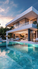 Fototapeta premium Modern villa with swimming pool at sunset. Luxury house exterior