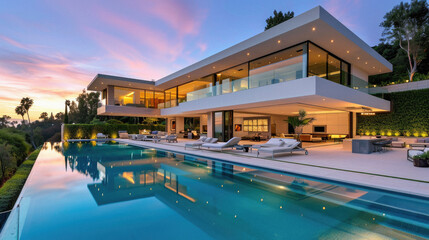Luxury house with swimming pool at dusk. Luxury villa with swimming pool at sunset . - obrazy, fototapety, plakaty