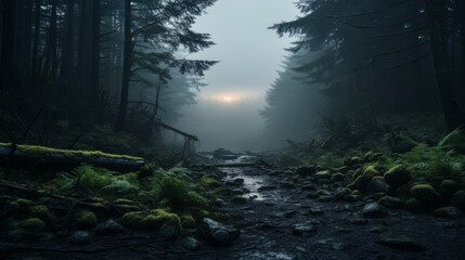 Obraz premium A Stream Flowing Through a Dense Forest