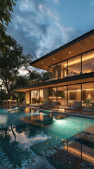 Fototapeta premium Luxury modern house with swimming pool and outdoor deck at night