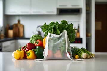 Sustainable Bag of Fresh Vegetables displayed on a Contemporary Kitchen Table. Concept Healthy Eating, Sustainable Lifestyle, Farm-to-Table Dining, Kitchen Decor, Fresh Produce - obrazy, fototapety, plakaty