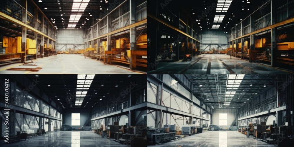 Poster a large warehouse filled with various machines. ideal for industrial concepts