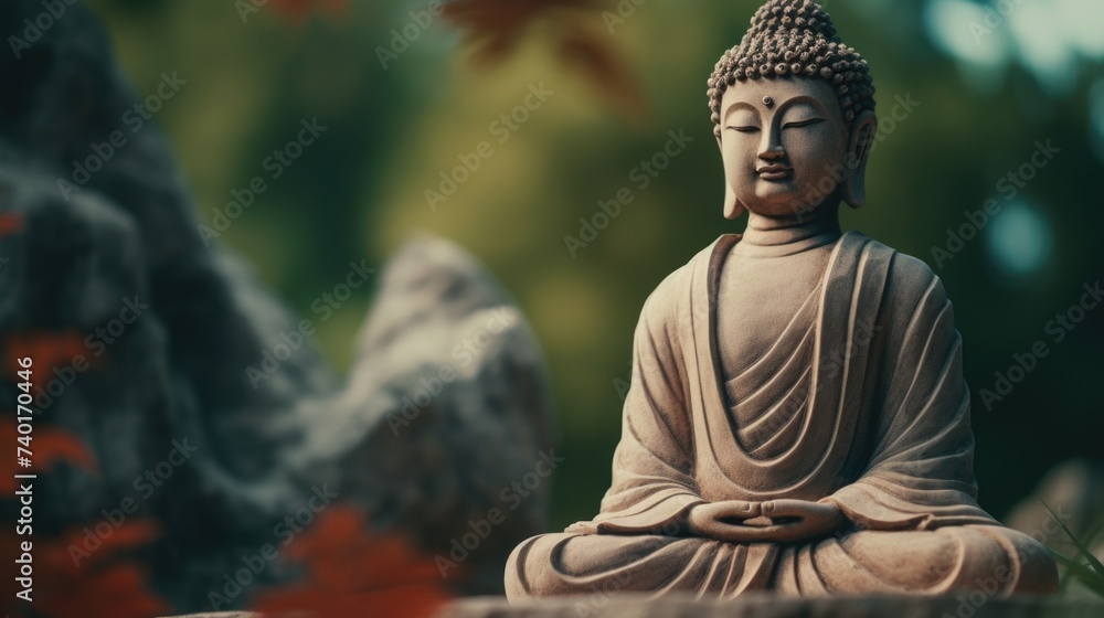 Poster a statue of a person sitting on a rock, suitable for various themes