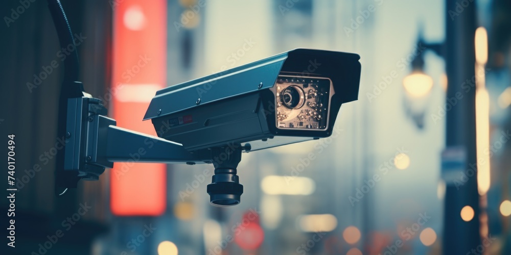 Poster Detailed view of a camera mounted on a pole. Ideal for surveillance or security concepts