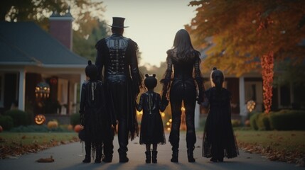 Family dressed up for Halloween walking down a street. Perfect for holiday-themed projects