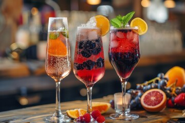 Naklejka premium three beautiful champagne cocktails in champagne glasses on a bar counter in a restaurant or restaurant.