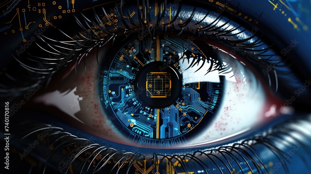 Poster Detailed image of a person's eye with a circuit in the iris. Suitable for technology concepts