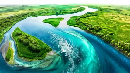 Fotobehang Watercolor summer river landscape vector illustration  © Werckmeister