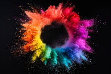 Colored circle explosion of multi-colored powder on a dark background. Holi celebration concept in India	
