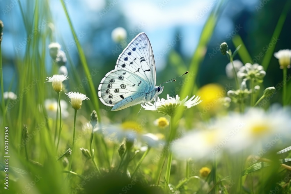 Poster A beautiful blue butterfly perched on a delicate white flower. Perfect for nature or garden-themed designs