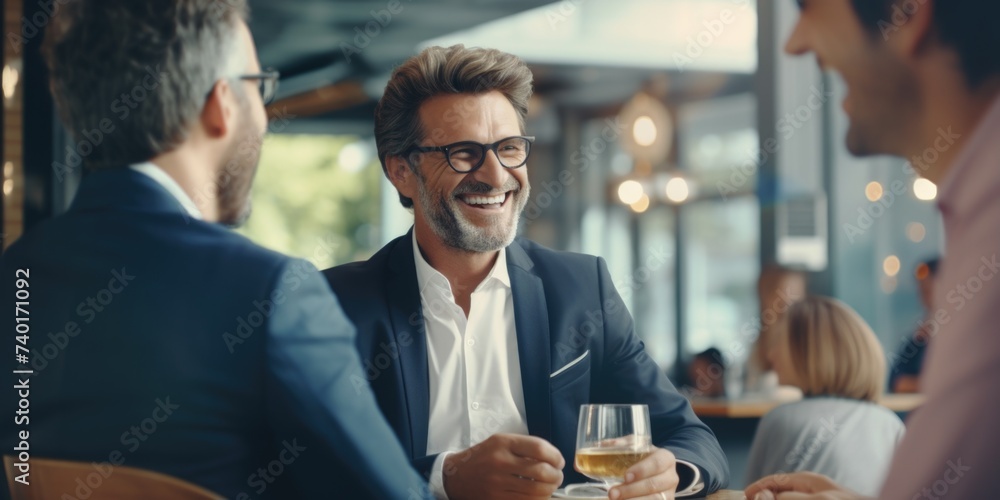 Poster two men engaged in conversation at a table. suitable for business presentations