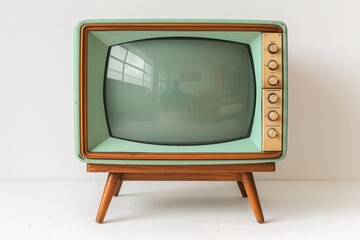 An aged television set perched on top of a weathered wooden stand, displaying a nostalgic charm and retro appeal in a vintage interior setting