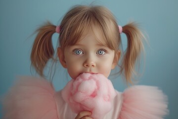 A charming little girl with blonde hair, dressed in a pink attire, is gleefully savoring a fluffy cotton candy treat in this heartwarming image