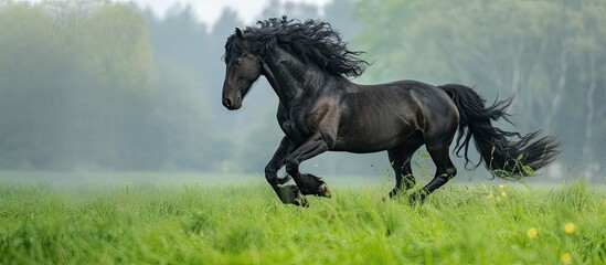 A powerful Frisian black horse runs at full speed through a beautiful, vibrant green field during a refreshing springtime.
