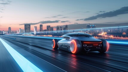 autonomous car on a test track, displaying speed and agility with a city skyline in the background, symbolizing progress and innovation - obrazy, fototapety, plakaty