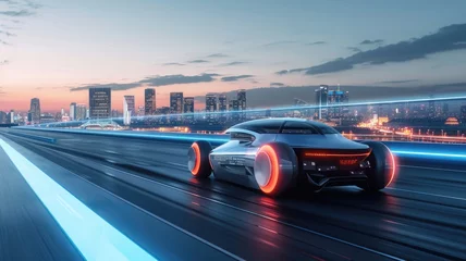 Fotobehang autonomous car on a test track, displaying speed and agility with a city skyline in the background, symbolizing progress and innovation © Anna