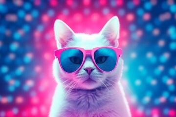 A cute white cat is perched on top of a blue and pink background, donning trendy pink sunglasses, exuding a playful and fashionable vibe