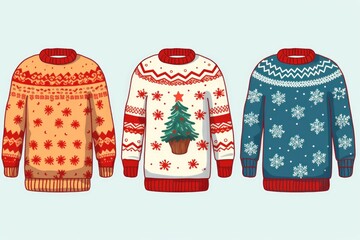 Three festive sweaters with Christmas motifs, perfect for holiday season designs