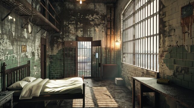 old jail cell with old bars and walls due to the age of day in high resolution and high quality. old or abandoned prison concept