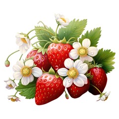 Realistic illustration of ripe strawberries with blossoms and leaves, detailed with water droplets