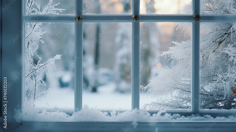 Poster a serene view of a snowy forest through a window. perfect for winter themed designs
