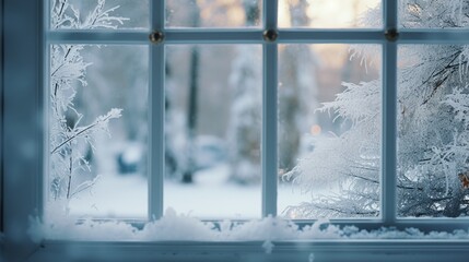 A serene view of a snowy forest through a window. Perfect for winter themed designs