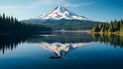 Mountain landscape panoramic,,
 Hood reflection in Trillium lake
