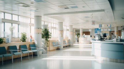 A view of a hospital waiting room with chairs and tables. Suitable for medical and healthcare concepts