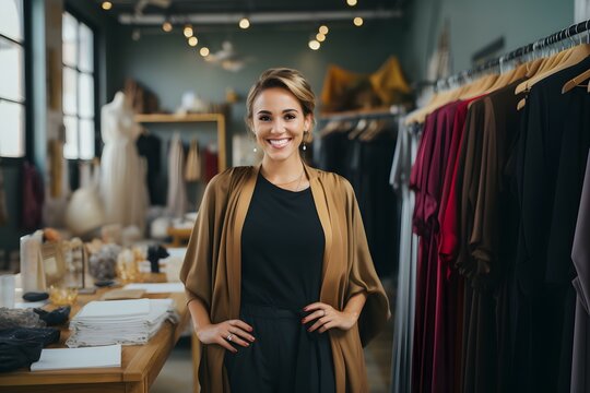 Fashionforward woman excels as a designer personal shopper and shop assistant in a thriving small business. Concept Fashion, Designer, Personal Shopper, Shop Assistant, Small Business