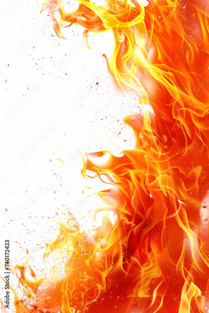 Poster Red fire against a white background. The flames flicker and dance, creating a mesmerizing and powerful visual display