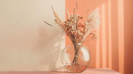 Vase with dried flowers on table near color wall. Interior design