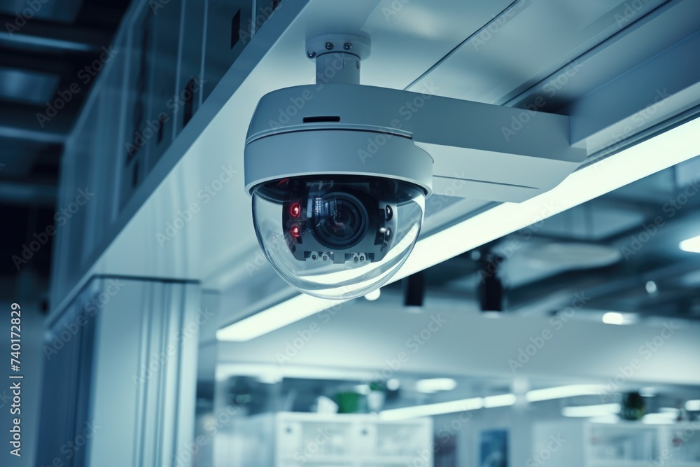 Poster surveillance camera mounted on building ceiling, suitable for security concepts