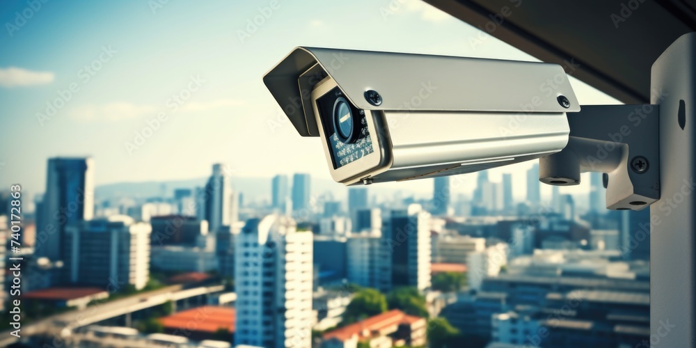 Poster A security camera mounted on a building wall. Ideal for security and surveillance concepts