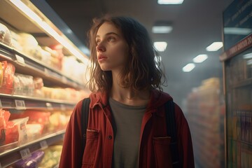 Confused French woman stares at grocery options feeling lost and unsatisfied. Concept French Culture, Grocery Shopping, Confusion, Decision-Making, Satisfaction - obrazy, fototapety, plakaty