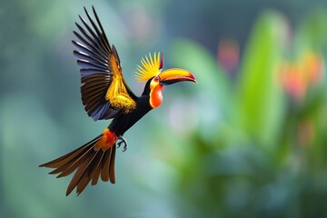 A vibrant, multicolored bird gracefully glides through the sky, displaying a striking palette of colors in its plumage as it soars effortlessly through the air