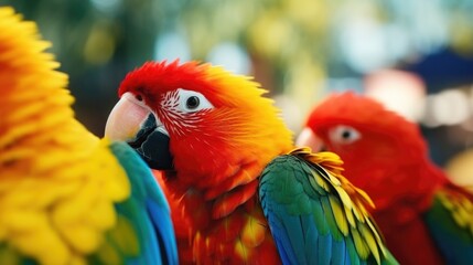 A vibrant group of parrots perched together. Ideal for tropical themes