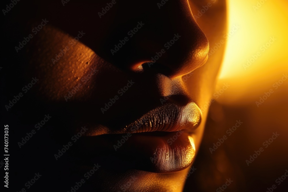 Poster Close-up of a person's face with a yellow light in the background. Suitable for various creative projects