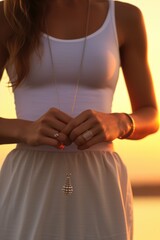 Elegant woman in white dress holding a necklace, suitable for fashion or jewelry concepts