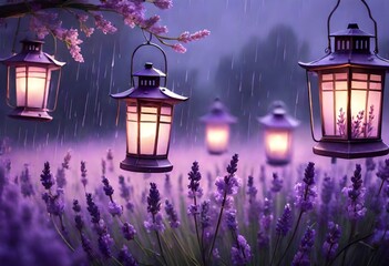 a cluster of purple lanterns hanging from the branches of a tree. The evening sky is visible in the...