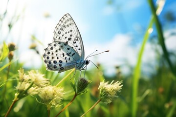 Obraz premium Colorful butterfly perched on a delicate flower in lush green grass. Ideal for nature and gardening concepts