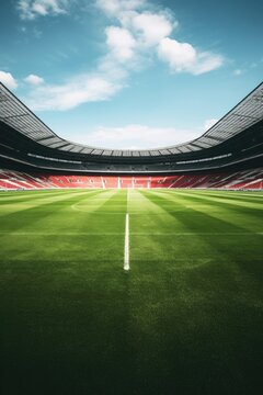 An empty soccer stadium with green grass and red seats. Perfect for sports or event concepts