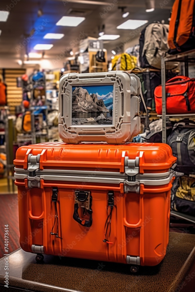 Poster a large orange case sitting on top of a table. suitable for various business or travel concepts