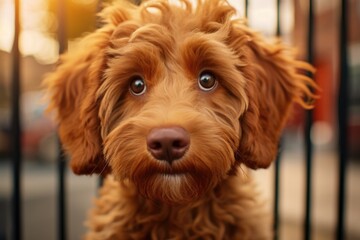 A close-up shot of a dog looking directly at the camera. Suitable for pet-related content