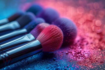 Makeup brushes on background with colorful powder. Make-up background - obrazy, fototapety, plakaty