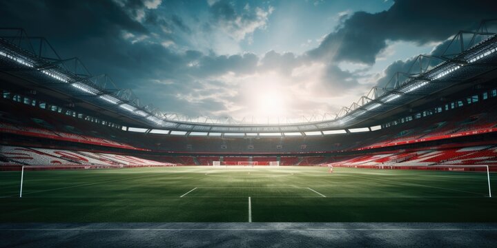 An empty soccer stadium with sunlight filtering through the clouds. Suitable for sports events promotion