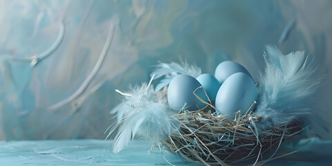Blue and golden modern Easter eggs in a nest on a white background.